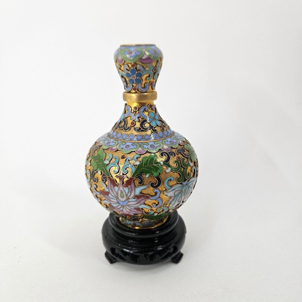 Vintage Chinese Cloisonne Enamel Floral Vase Miniature w/ Stand 20C